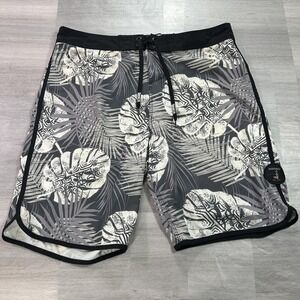Hinano Boardshorts Mens 38 Gray Tropical Leaf Print Swim Trunks Stretch Waist